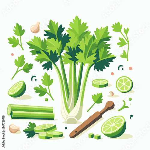 Vibrant graphic design showcasing a bunch of celery, lime slices, parsley, and garlic cloves, all arranged in a flat style illustration.  A wooden utensil is included, enhancing the culinary theme.