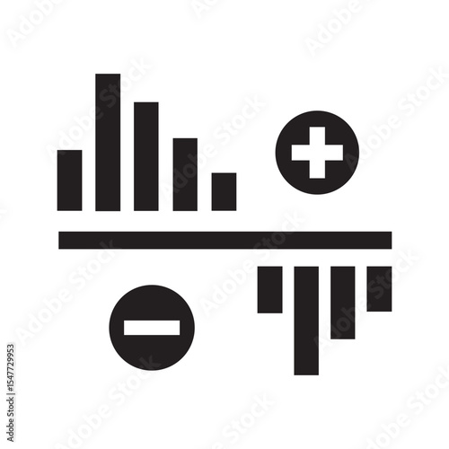 minimalist black icon of bar graph with plus and minus symbols on white background for data and finance design