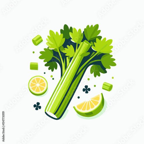 Vibrant graphic design featuring a celery stalk and lime slices, arranged in a lively composition against a white background.