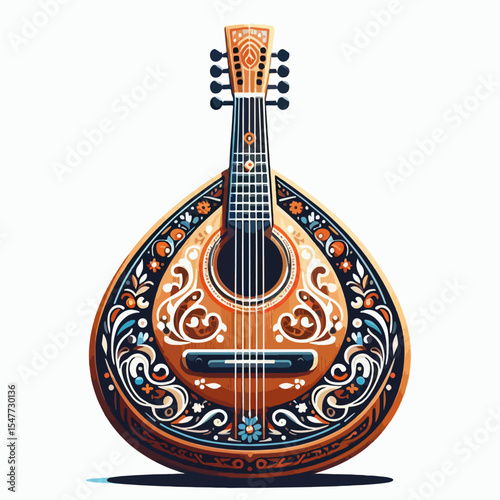 Stylized illustration of a Portuguese guitar, rich with detailed floral and ornamental designs.  The instrument is presented in a classic and decorative style.