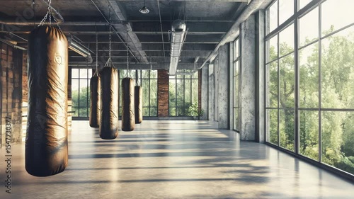 Modern boxing gym with punching bags and large windows overlooking nature, a feeling of freedom in the air, neutral colors. 