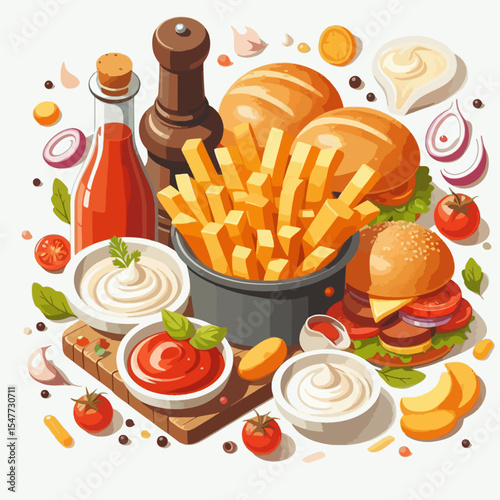 Vibrant graphic design showcasing a variety of fast food items, including burgers, fries, sauces, and condiments.  The image is well-arranged and appetizing.