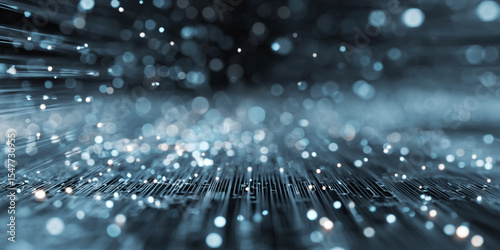 Abstract Blue and White Light Streaks and Glowing Particles on Dark Background Network Data Stream Technology Concept