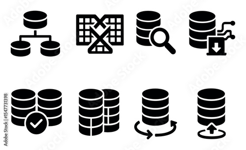 Data management solid icon set. database, storage, technology icons collection