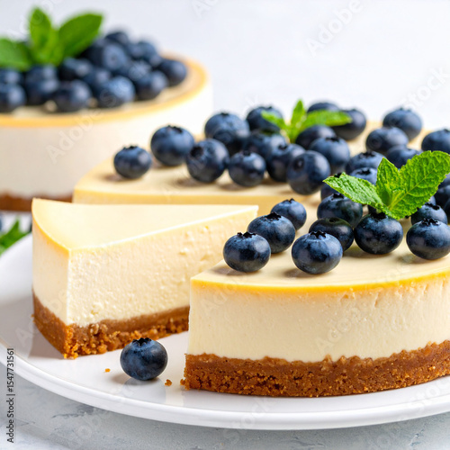 a close up shot showcases a freshly baked dessert sitting on a white plate, part of which is cut into a slice, Baked cheesecake topped