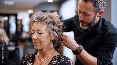 Hair stylist working on senior woman’s hair
