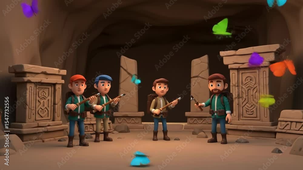 Animated explorers in an ancient cave scene with flying colorful objects fantasy adventure illustration for commercial or editorial use