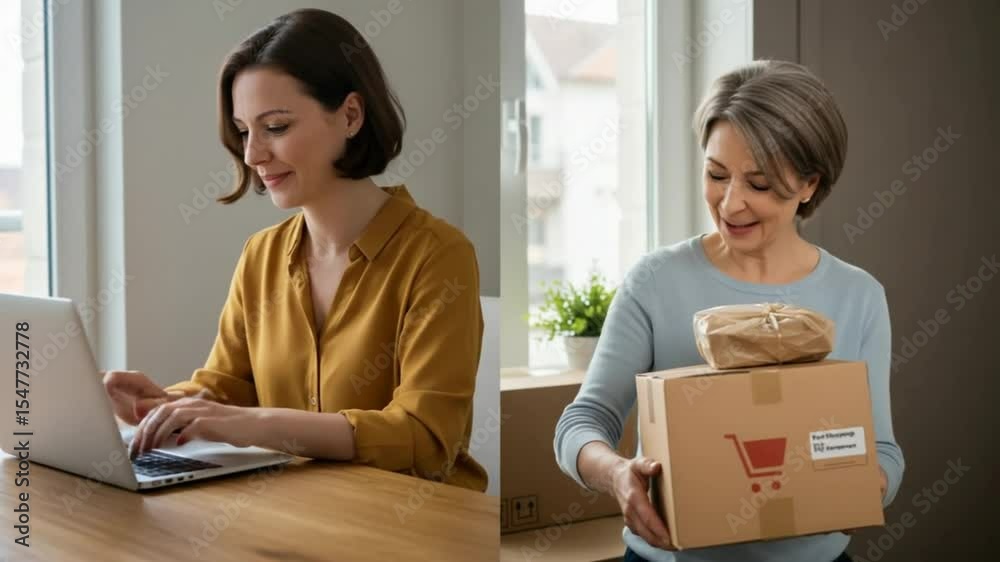 E-commerce cycle: Woman shopping online on laptop and another woman receiving home delivery package.