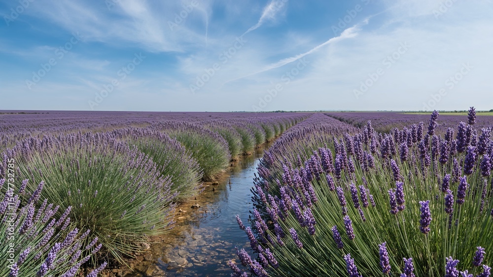 Naklejka premium A field of lavender with a small stream running through it