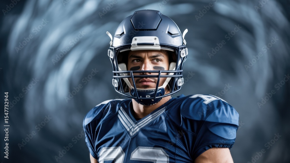 Obraz premium Football player in a blue uniform and helmet, standing against a swirling background.