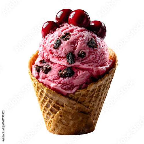 Cherry chip cone with visible cherry chunks and dark chocolate bits embedded in soft pink ice cream, sugar cone angled slightly, isolated and well lit