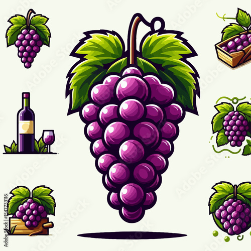Set of grape-themed graphic design elements, featuring bunches of grapes, leaves, a wine bottle and glass.