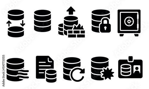 Database security solid icon set. secure storage and backup icons collection