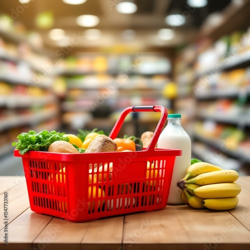Red Shopping Basket Filled with Groceries in a Supermarket
