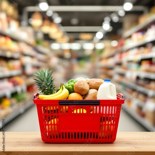 Red Shopping Basket Filled with Groceries in a Supermarket