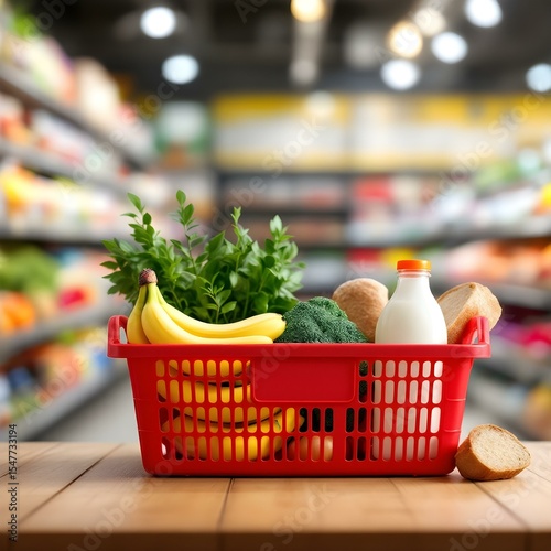 Red Shopping Basket Filled with Groceries in a Supermarket