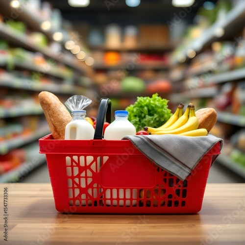 Red Shopping Basket Filled with Groceries in a Supermarket