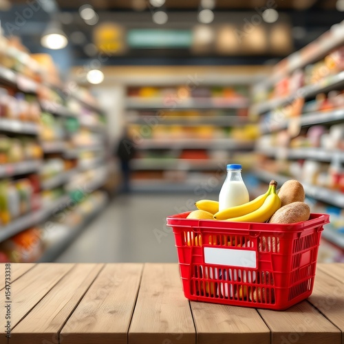 Red Shopping Basket Filled with Groceries in a Supermarket