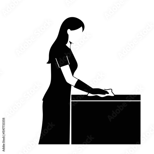 Female Cleaner Silhouette: Counter Wiping for Spotless Surface Icon