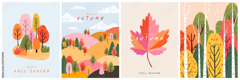 Set of trendy art style abstract autumn poster, cover, card with bright beautiful leaves, plants, autumn forest landscape. Fall background, template for advertising, sales, web and social media, print