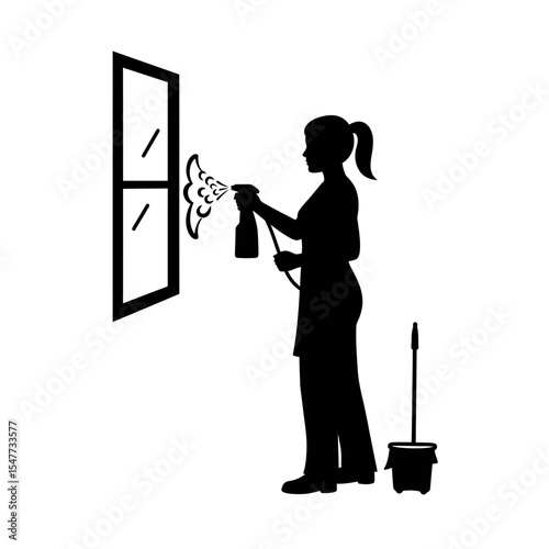 Female Window Cleaner Silhouette: Spraying Window for Cleanliness Icon