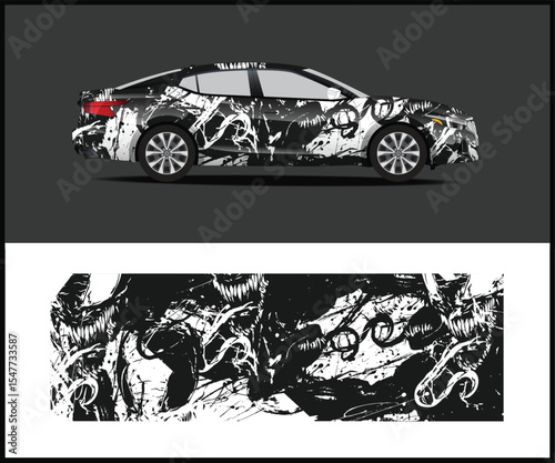Aggressive Car Wrap Design with Abstract Monster Graphics