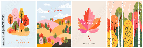 Set of trendy art style abstract autumn poster, cover, card with bright beautiful leaves, plants, autumn forest landscape. Fall background, template for advertising, sales, web and social media, print