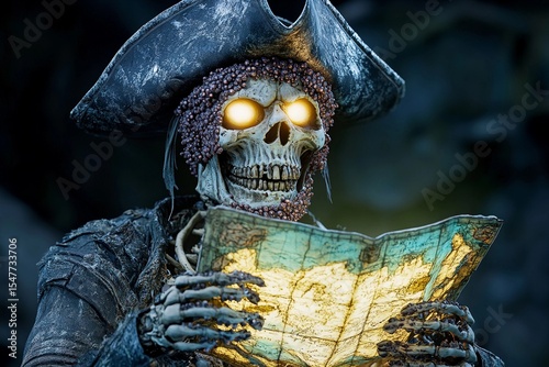 Skeletal pirate figure with glowing treasure map ready to uncover buried riches in a dark, mysterious cave