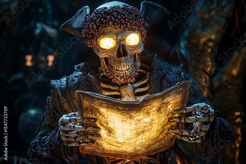 Skeletal pirate figure with glowing treasure map ready to uncover buried riches in a dark, mysterious cave