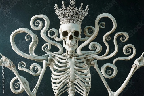 Skeletal figure with crown-like skull poses with spiral arm decorations amidst a dark backdrop showcasing intricate details