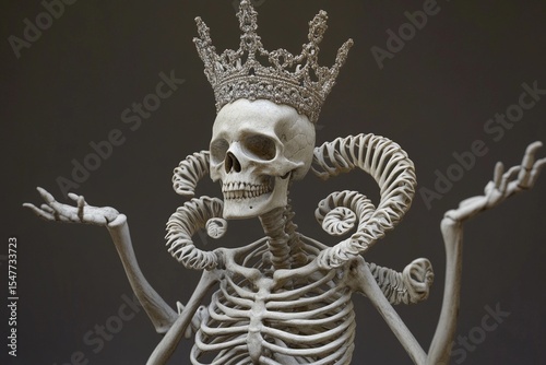 Skeletal figure with crown-like skull poses with spiral arm decorations amidst a dark backdrop showcasing intricate details