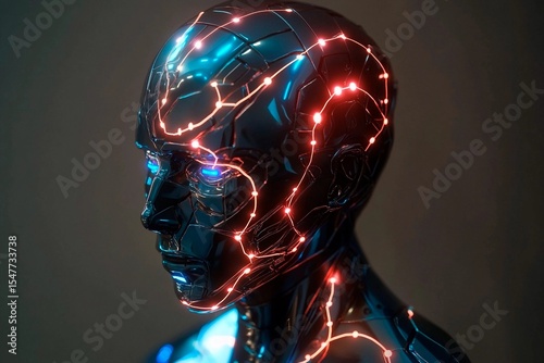 Humanoid robot showcases glowing circuits in a futuristic environment