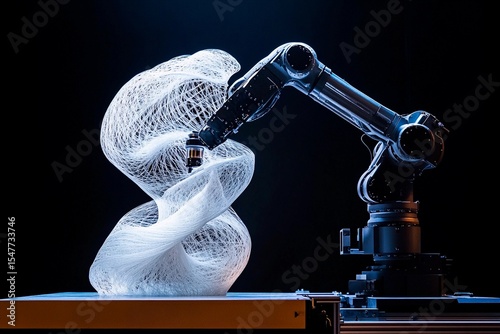 Robotic arm crafts intricate digital sculpture in real-time at an art studio