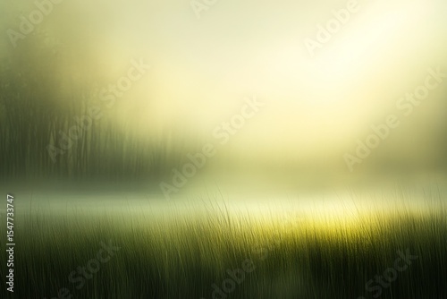 Misty Field at Sunrise with Soft Light and Green Grass