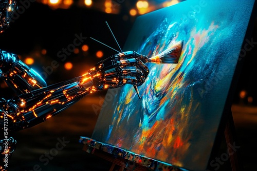 Fusion of AI and human creativity with a glowing mechanical hand painting on a canvas in an artistic studio at night