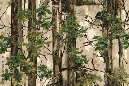A camouflage pattern with green leaves and brown tree trunks, designed for hunting. The background is a forest scene with tall trees and foliage.Hunting camouflage