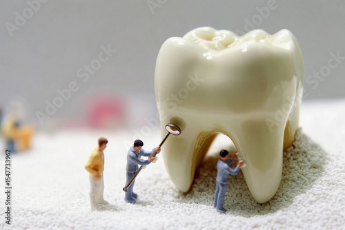 Miniature doctors treat a giant tooth in a dental clinic setup for educational purposes