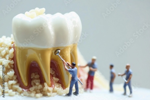 Miniature doctors treat a giant tooth in a dental clinic setup for educational purposes