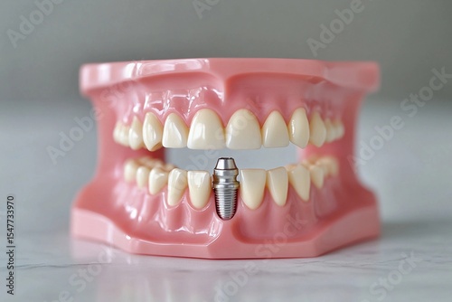 Dental implant positioned securely in the jaw surrounded by natural teeth demonstrating effective oral restoration