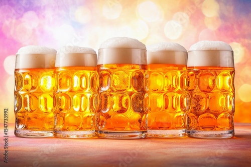 Enjoying foamy beer in large glass goblets during Oktoberfest celebration in a festive atmosphere
