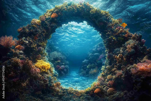 Magical underwater gate emerges from the ocean floor surrounded by ancient ruins and marine life