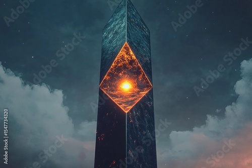 Towering geometric obelisk with a glowing core illuminates the dark sky during twilight hours