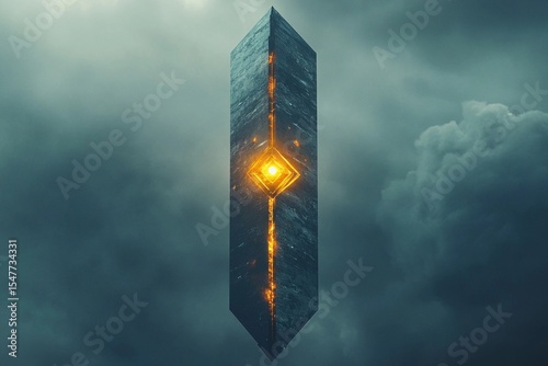 Towering geometric obelisk with a glowing core illuminates the dark sky during twilight hours