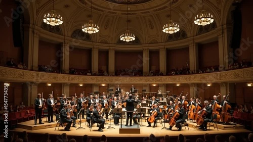 Symphony Orchestra Performing on Stage in Elegant Concert Hall