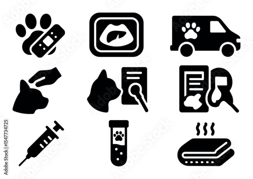 Veterinary solid icon set: pet care, medicine tools for clinics and shelters