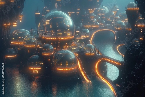 Symmetrical underwater city features bubble-like domes and illuminated pathways creating a serene aquatic environment