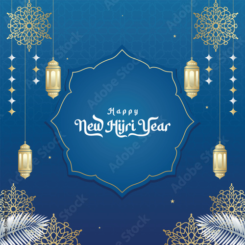 Happy Hijri New Year greeting with Islamic background, calligraphy, lanterns, camels. Vector design for cards, banners, covers, Eid, Isra Miraj, Ashura, Milad, Muharram