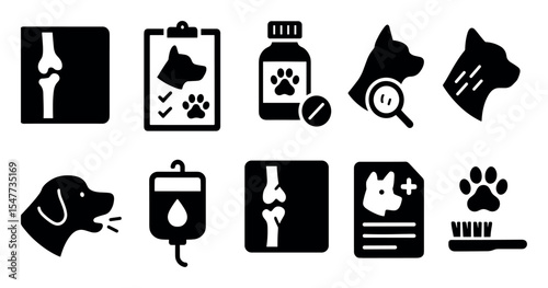 Veterinary healthcare solid icon set. animal medicine, treatment icons collection