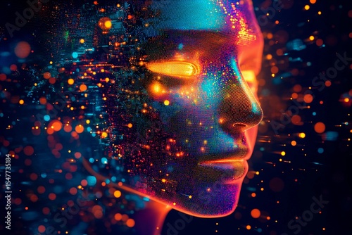 Glowing pixelized face with vibrant colors and digital effects depicting an abstract human figure in a creative concept