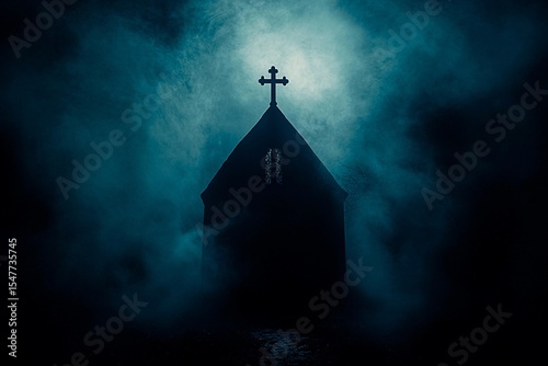 Night shrouded antique church with cross surrounded by thick fog creates an eerie atmosphere